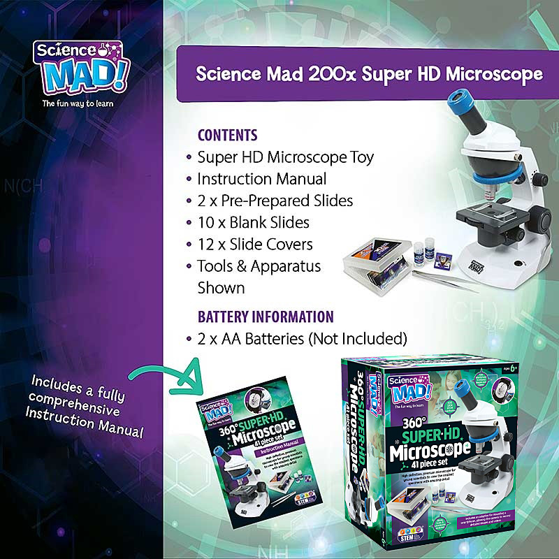 Science Mad 360° Super HD Microscope - Contents and Battery Information